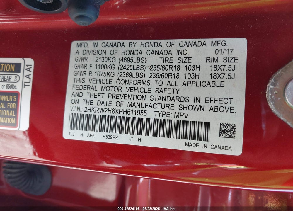 2017 HONDA CR-V VIN: 2HKRW2H8XHH611955