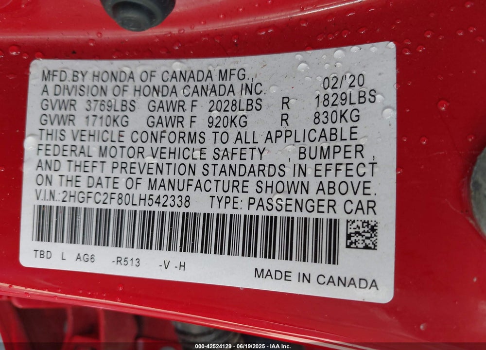 2020 HONDA CIVIC VIN: 2HGFC2F80LH542338