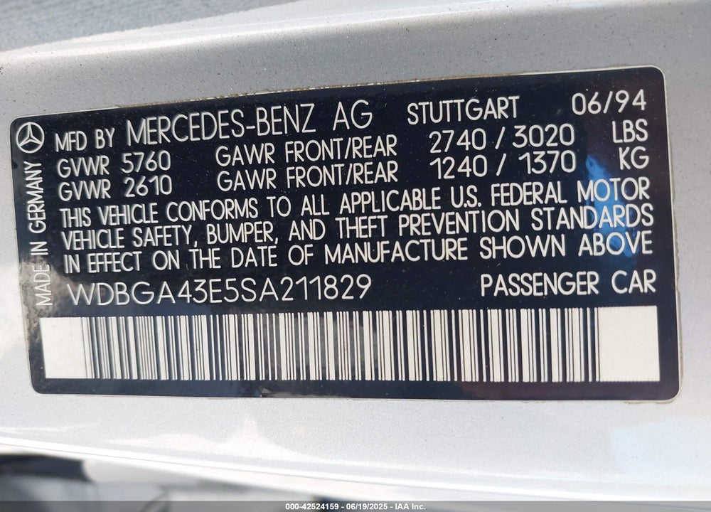 1995 MERCEDES-BENZ S 420 VIN: WDBGA43E5SA211829