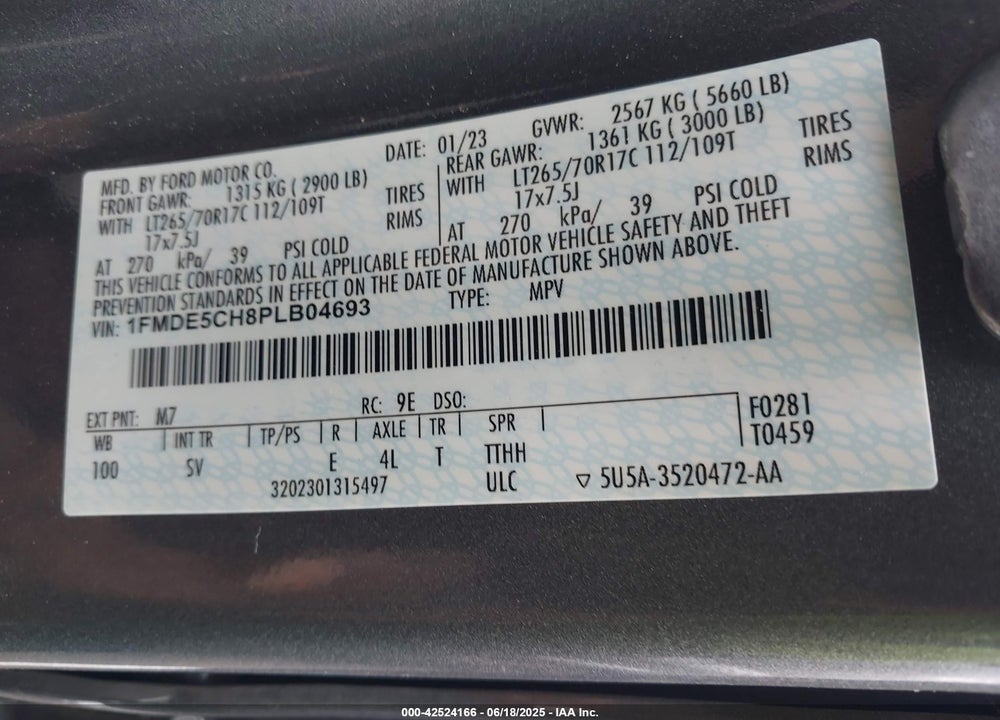 2023 FORD BRONCO VIN: 1FMDE5CH8PLB04693