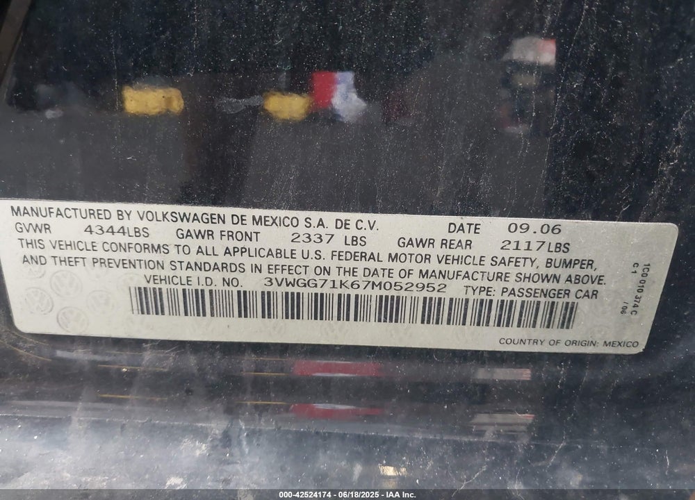 2007 VOLKSWAGEN JETTA VIN: 3VWGG71K67M052952