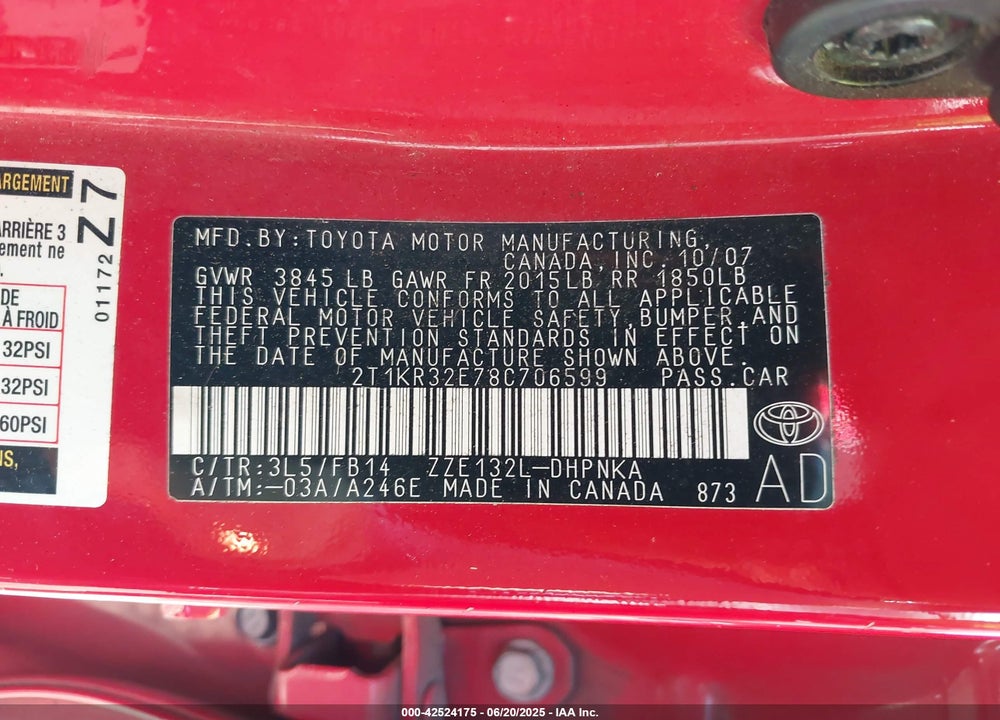 2008 TOYOTA MATRIX VIN: 2T1KR32E78C706599