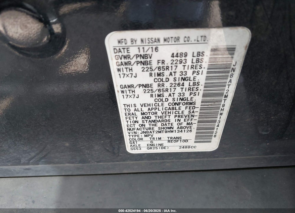2017 NISSAN ROGUE VIN: JN8AT2MT9HW134126