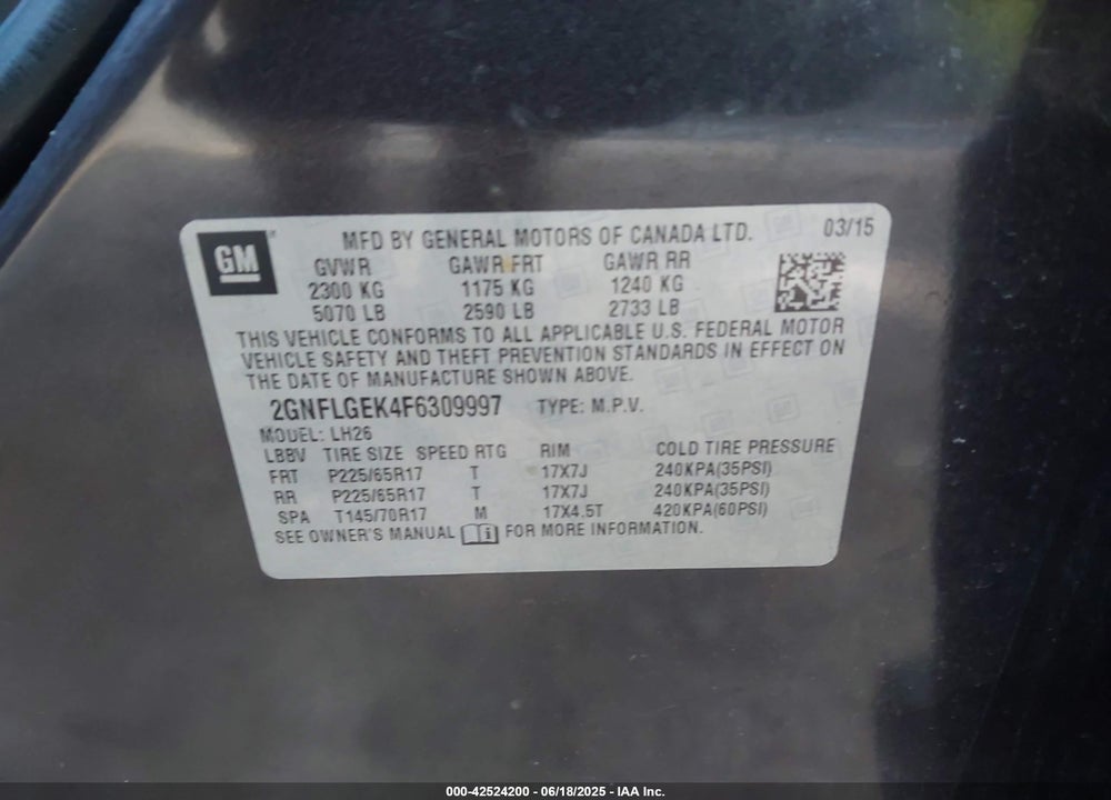 2015 CHEVROLET EQUINOX VIN: 2GNFLGEK4F6309997
