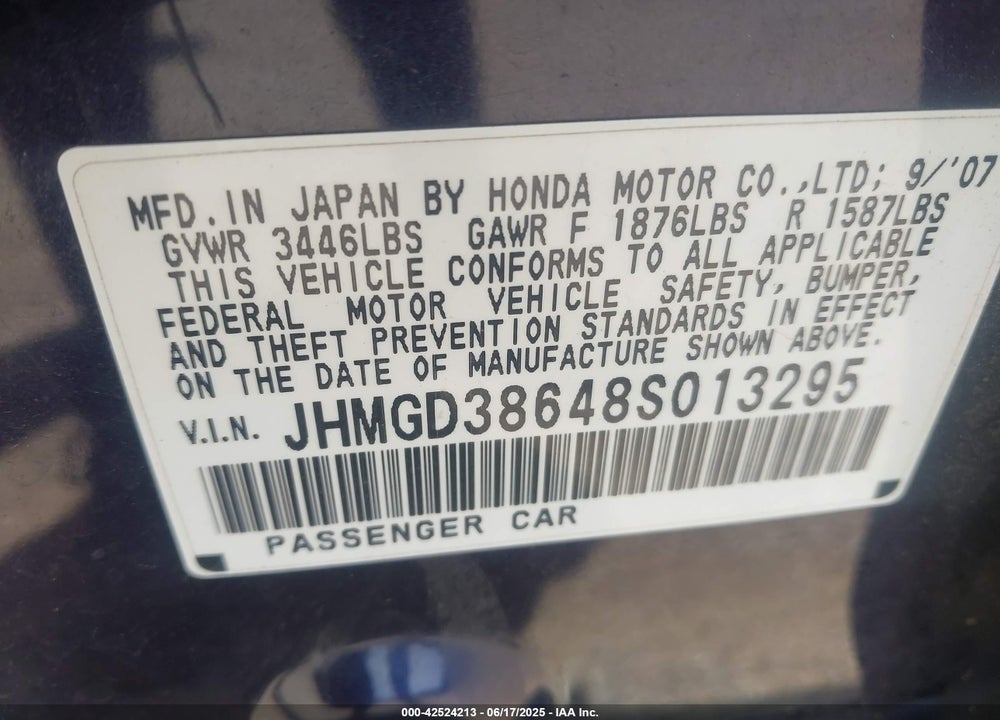 2008 HONDA FIT VIN: JHMGD38648S013295