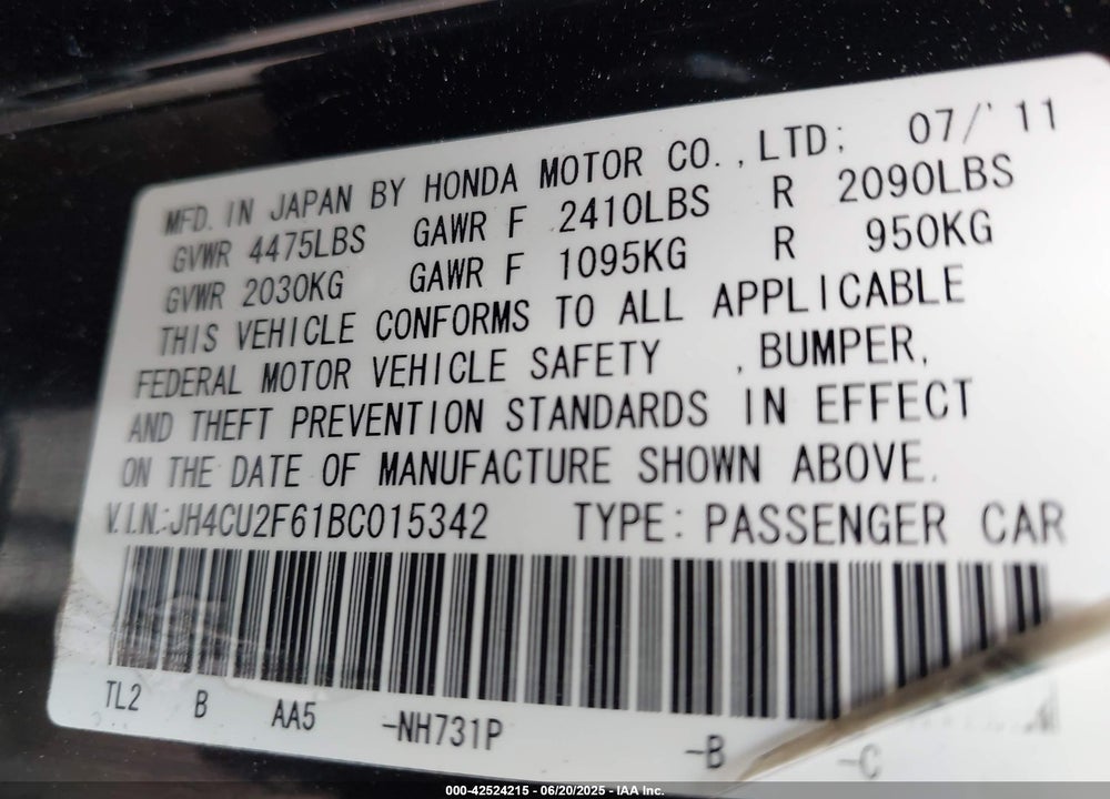 2011 ACURA TSX 2.4 VIN: JH4CU2F61BC015342