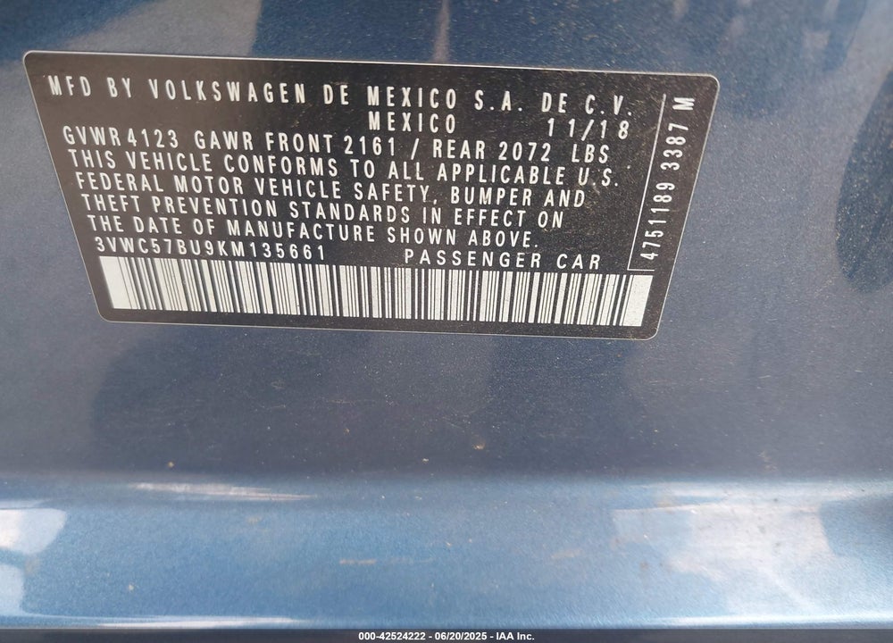 2019 VOLKSWAGEN JETTA VIN: 3VWC57BU9KM135661