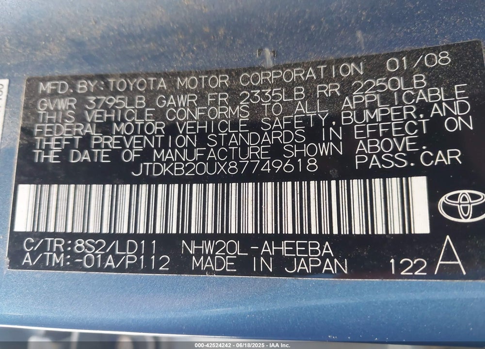 2008 TOYOTA PRIUS VIN: JTDKB20UX87749618