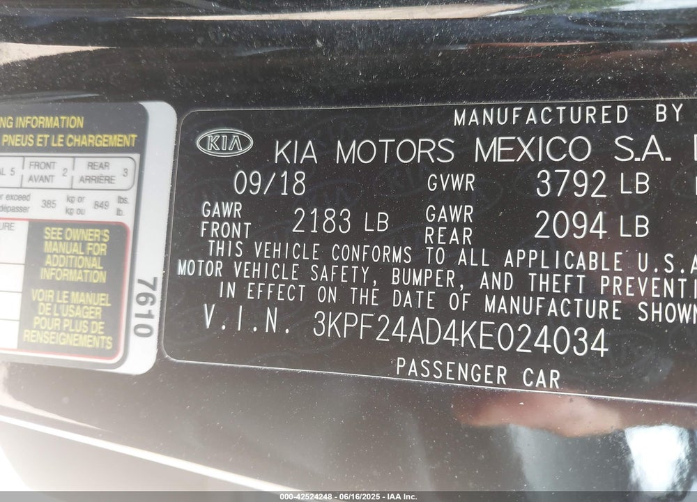 2019 KIA FORTE VIN: 3KPF24AD4KE024034