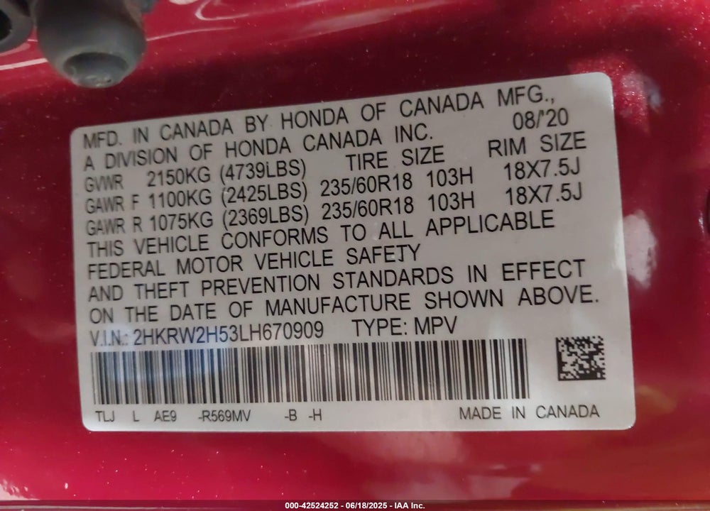 2020 HONDA CR-V AWD EX VIN: 2HKRW2H53LH670909