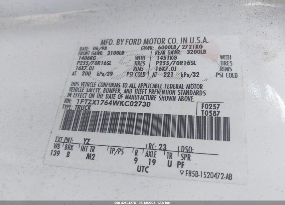 1998 FORD F-150 LARIAT/STANDARD/XL/XLT VIN: 1FTZX1764WKC02730