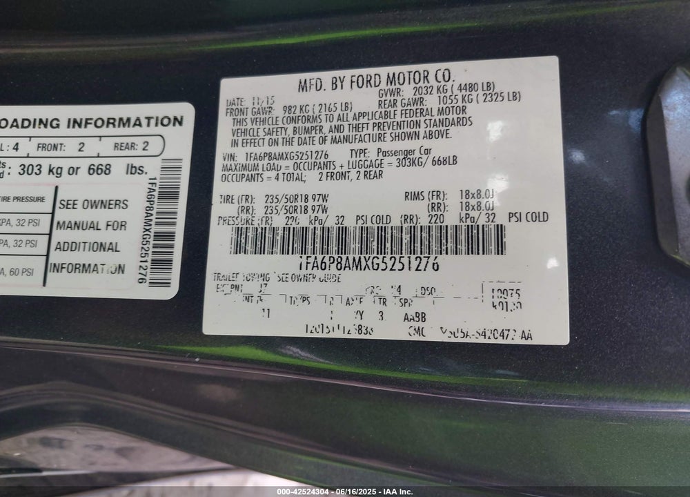 2016 FORD MUSTANG VIN: 1FA6P8AMXG5251276