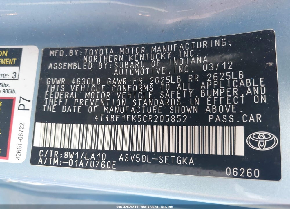 2012 TOYOTA CAMRY VIN: 4T4BF1FK5CR205852