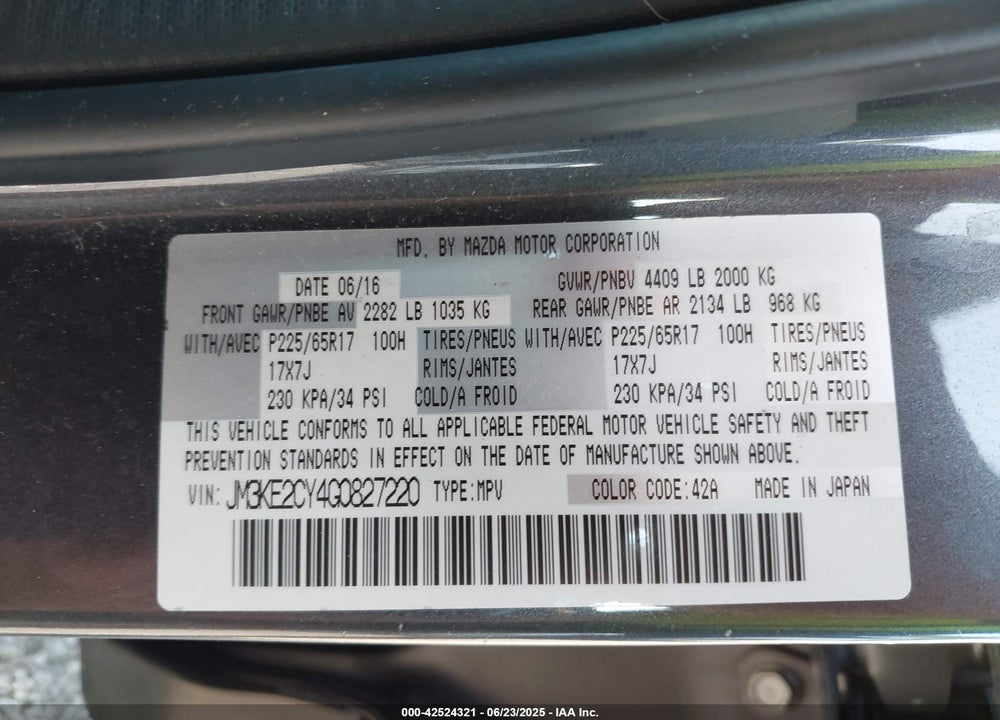 2016 MAZDA CX-5 VIN: JM3KE2CY4G0827220