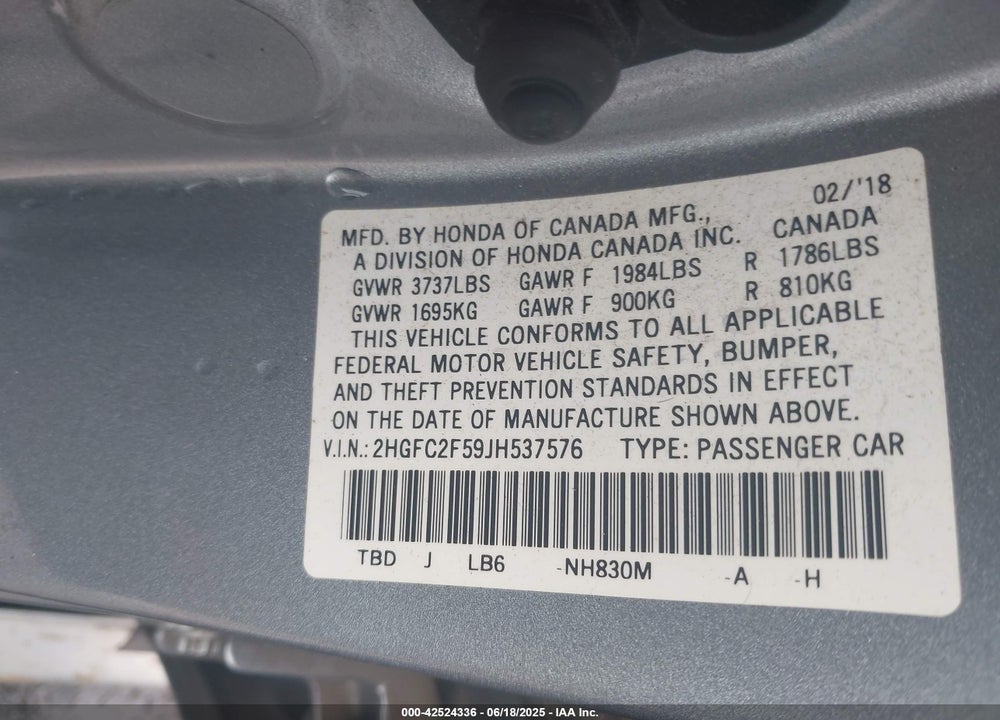 2018 HONDA CIVIC VIN: 2HGFC2F59JH537576
