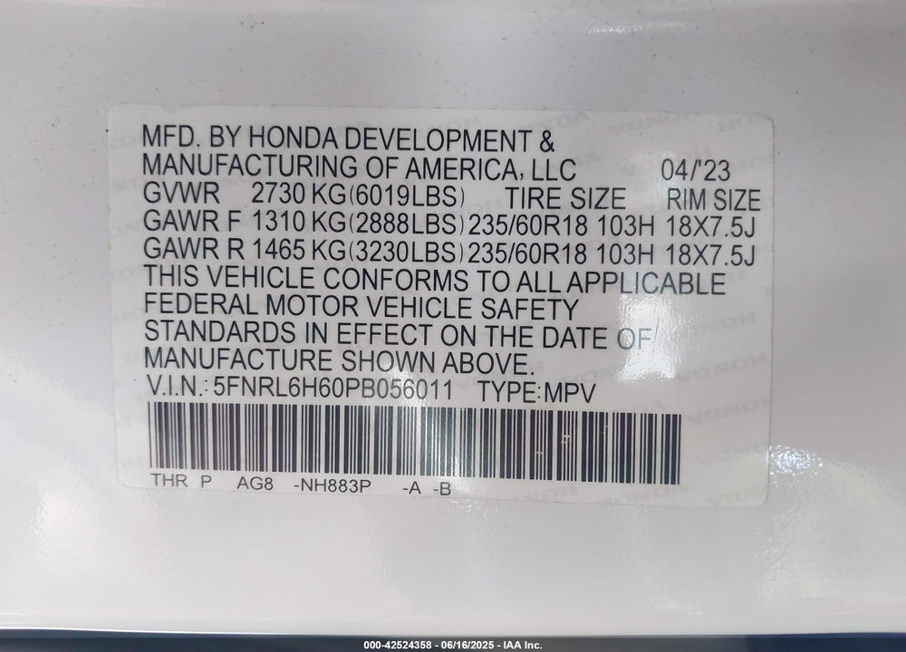2023 HONDA ODYSSEY EX-L VIN: 5FNRL6H60PB056011