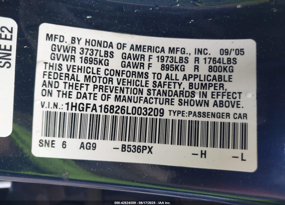 2006 HONDA CIVIC EX VIN: 1HGFA16826L003209