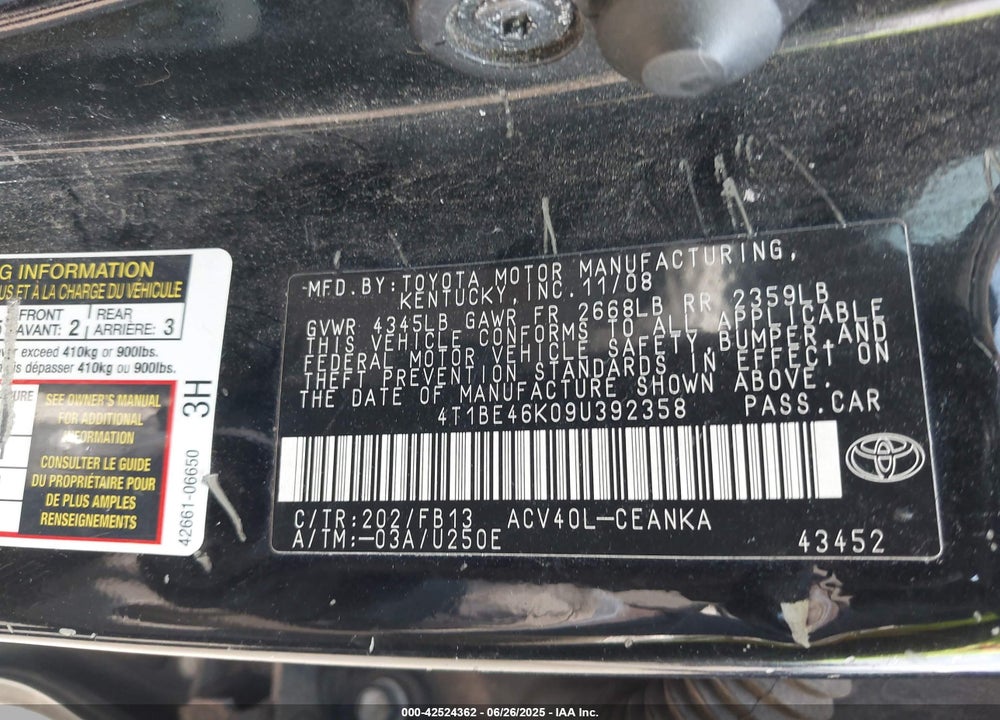 2009 TOYOTA CAMRY VIN: 4T1BE46K09U392358