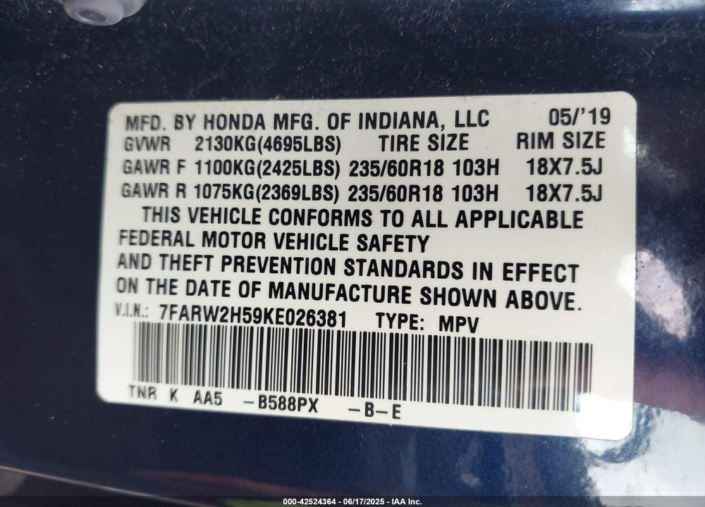 2019 HONDA CR-V EX VIN: 7FARW2H59KE026381