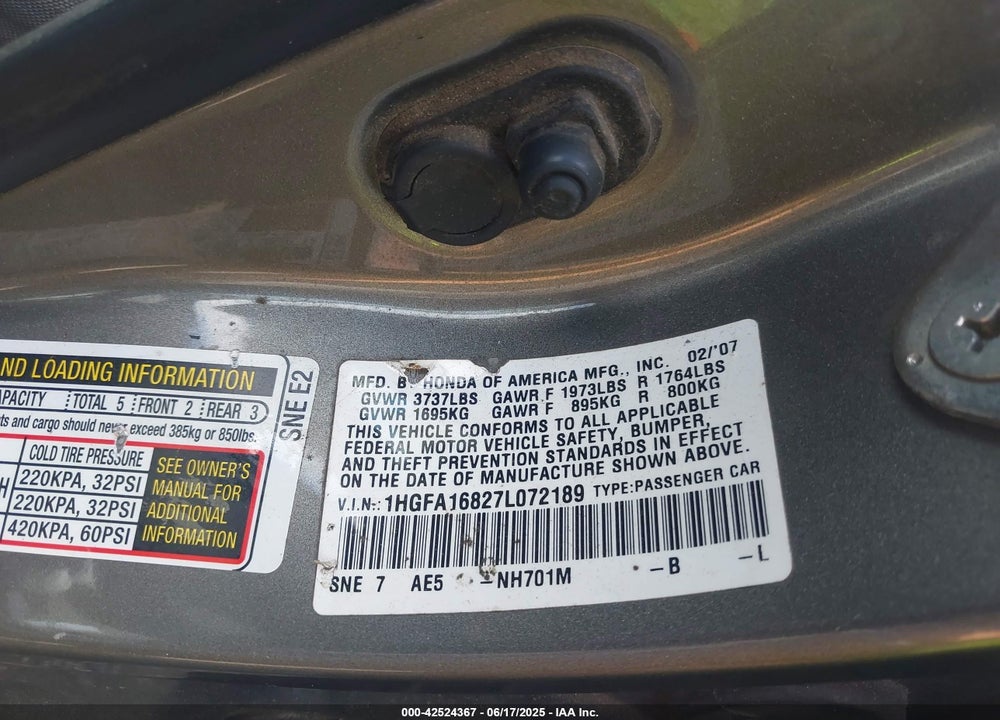2007 HONDA CIVIC VIN: 1HGFA16827L072189
