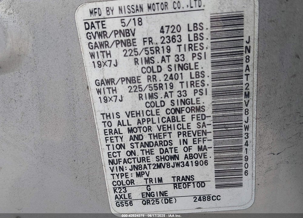 2018 NISSAN ROGUE VIN: JN8AT2MV8JW341906