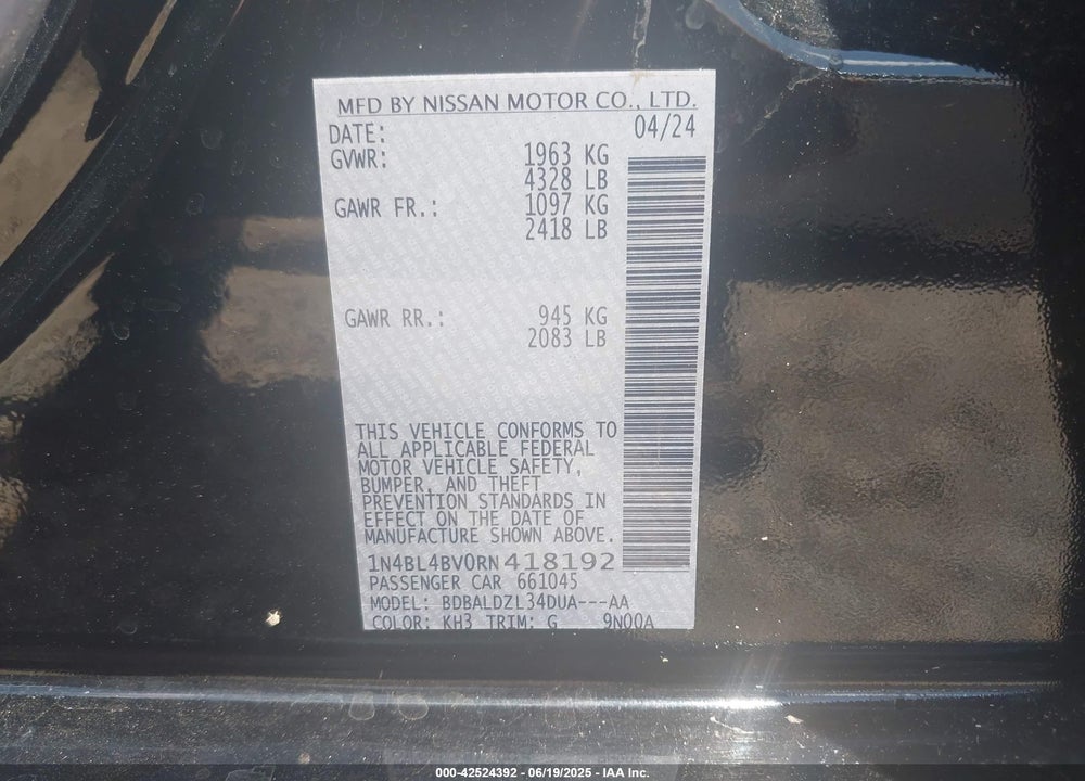 2024 NISSAN ALTIMA VIN: 1N4BL4BV0RN418192