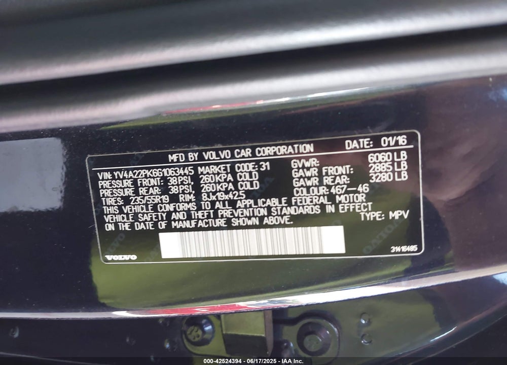 2016 VOLVO XC90 VIN: YV4A22PK6G1063445