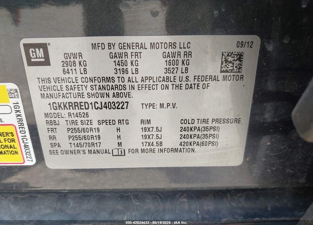 2012 GMC ACADIA VIN: 1GKKRRED1CJ403227