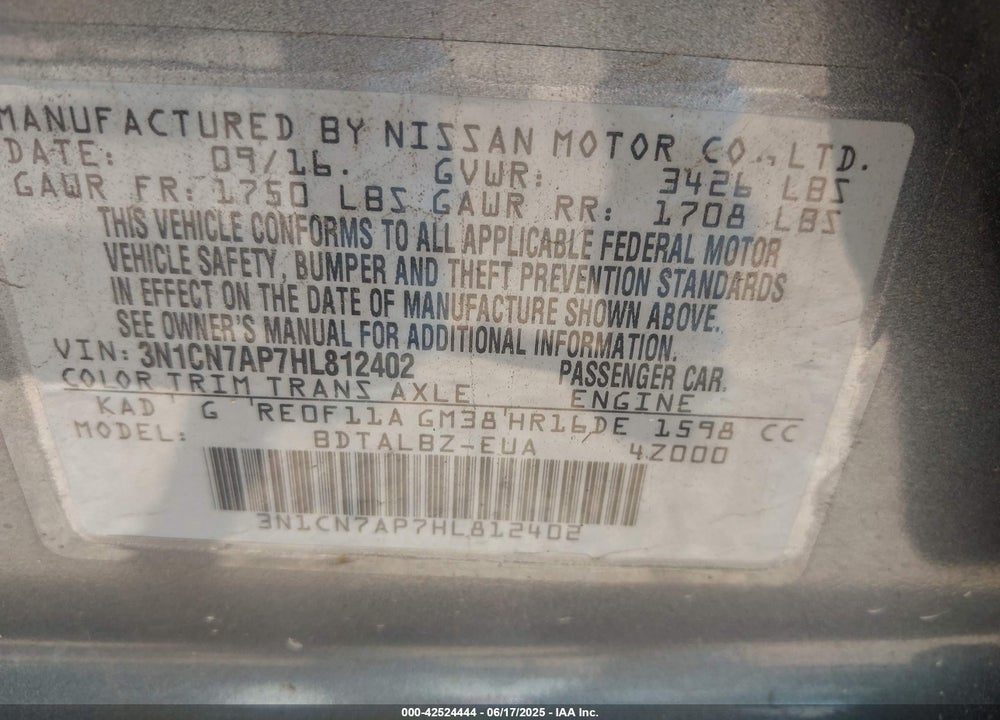 2017 NISSAN VERSA VIN: 3N1CN7AP7HL812402