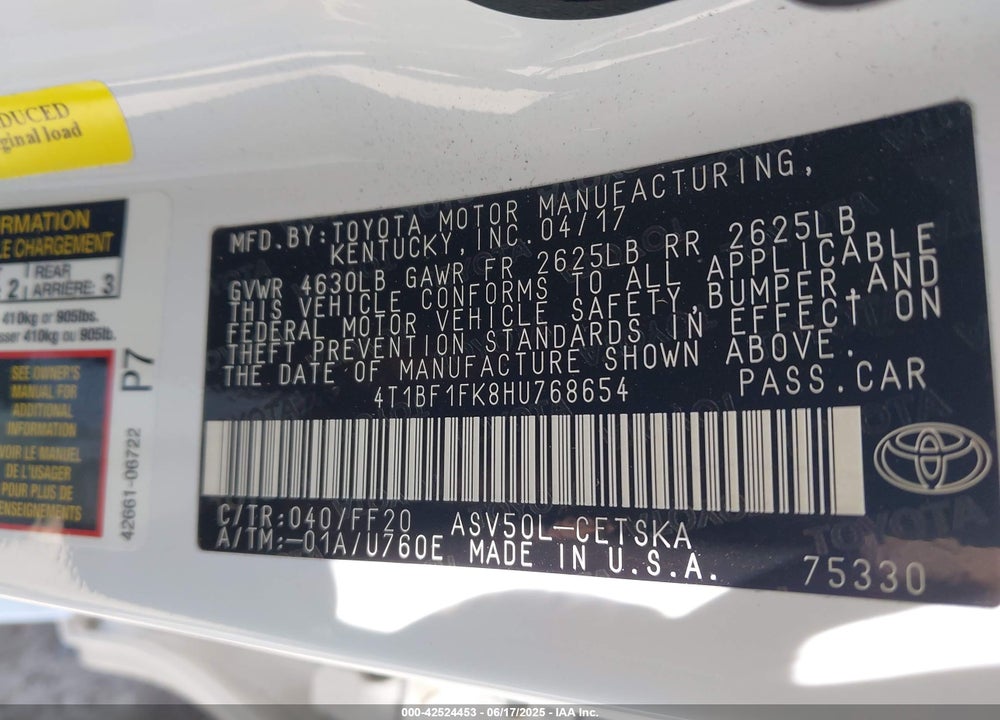 2017 TOYOTA CAMRY VIN: 4T1BF1FK8HU768654