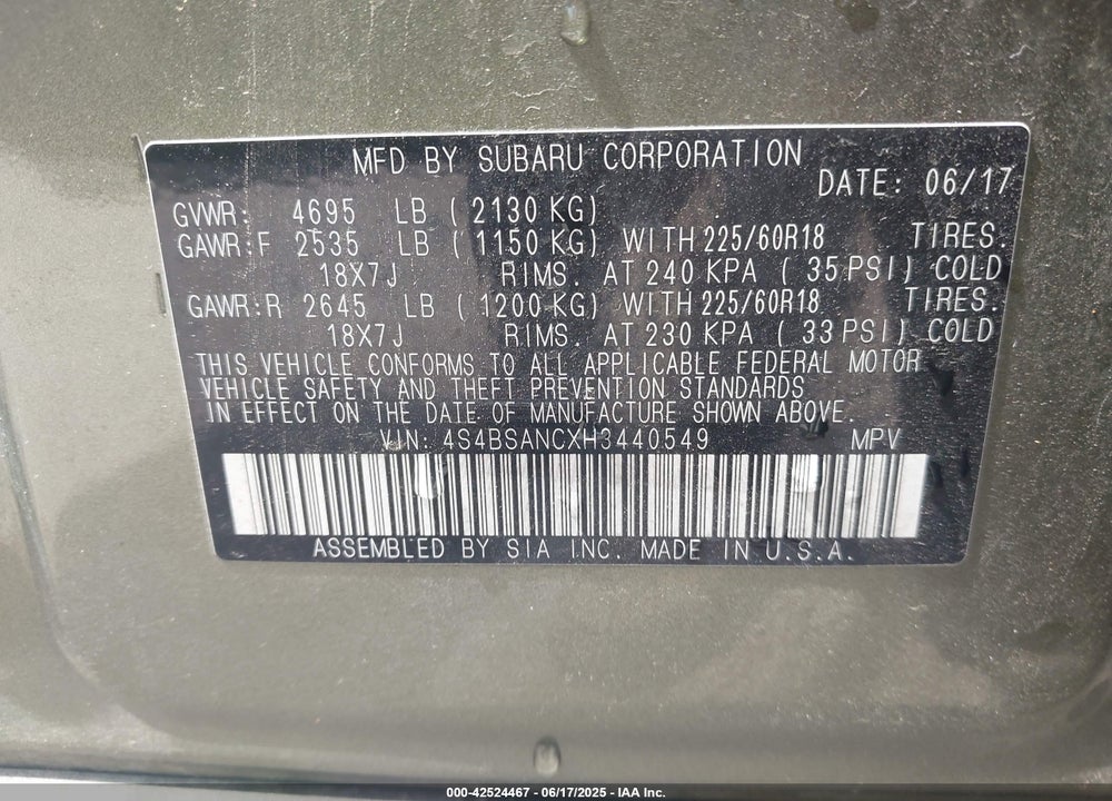 2017 SUBARU OUTBACK VIN: 4S4BSANCXH3440549