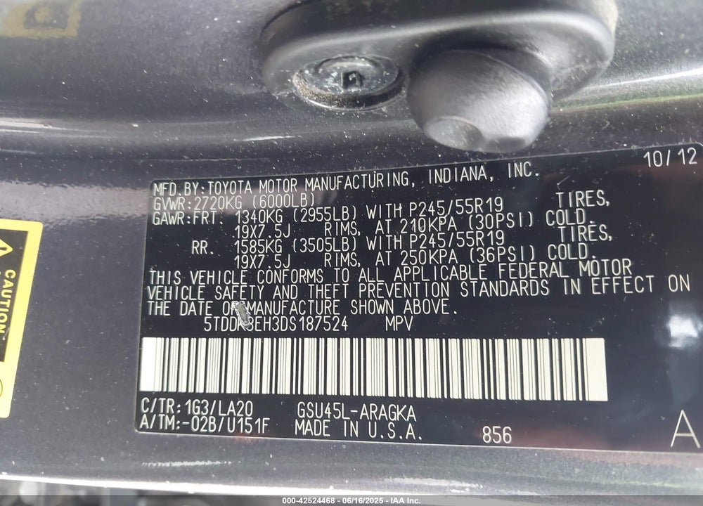 2013 TOYOTA HIGHLANDER VIN: 5TDDK3EH3DS187524