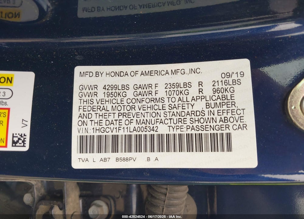 2020 HONDA ACCORD VIN: 1HGCV1F11LA005342