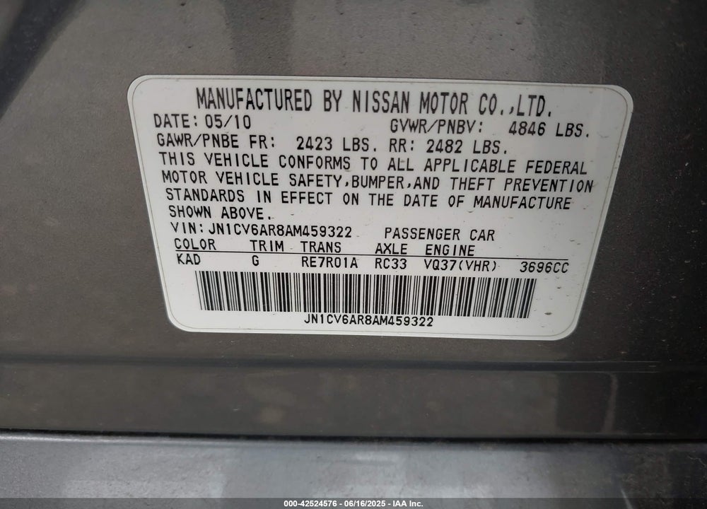2010 INFINITI G37X VIN: JN1CV6AR8AM459322