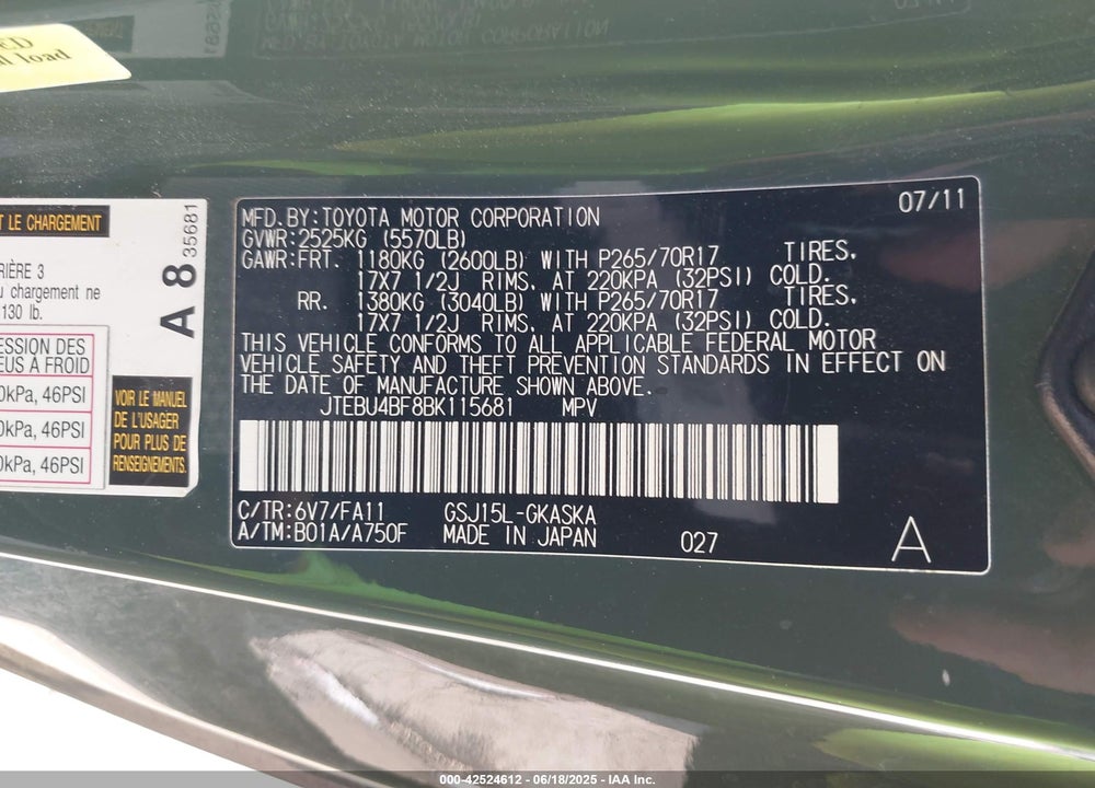 2011 TOYOTA FJ CRUISER VIN: JTEBU4BF8BK115681