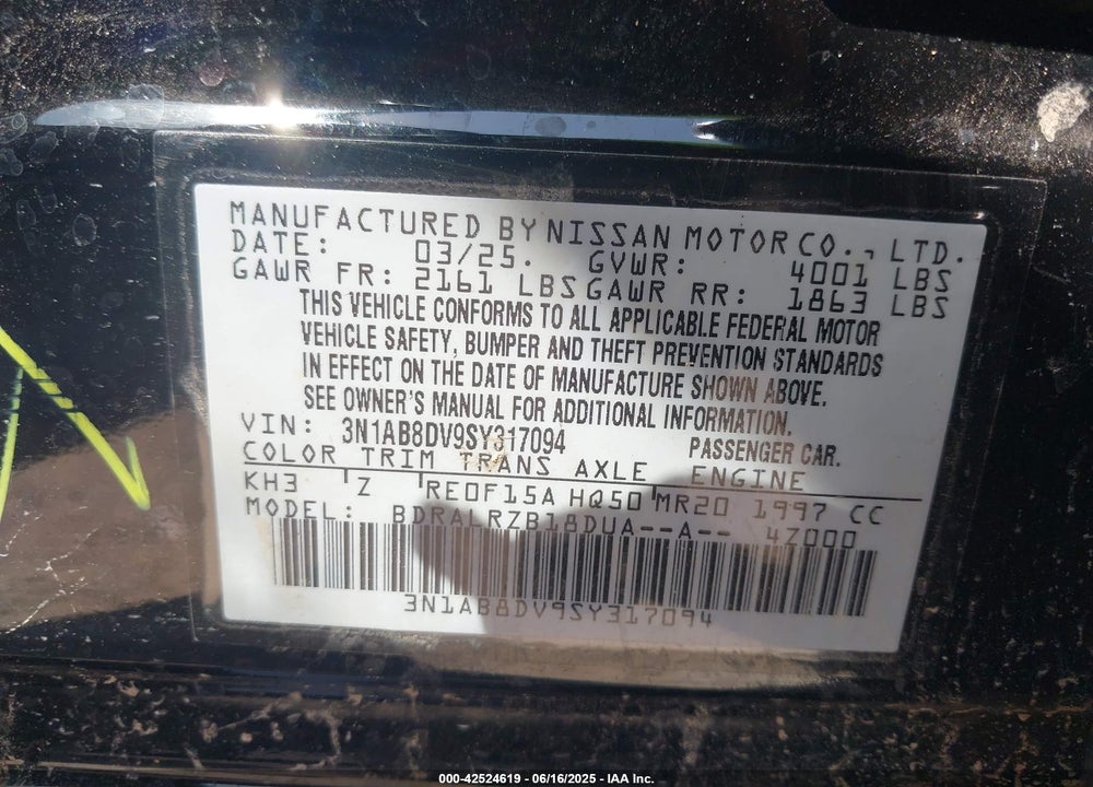 2025 NISSAN SENTRA VIN: 3N1AB8DV9SY317094