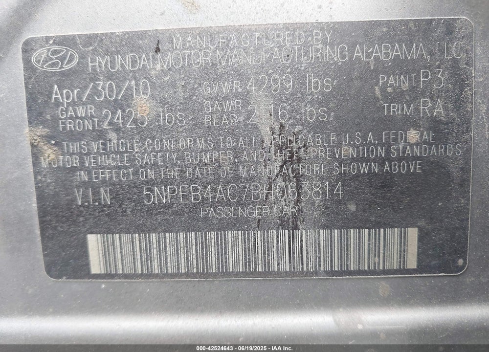 2011 HYUNDAI SONATA VIN: 5NPEB4AC7BH063814