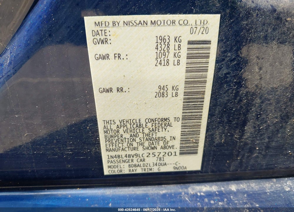 2020 NISSAN ALTIMA VIN: 1N4BL4BV9LC257201