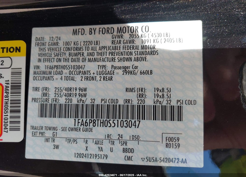 2025 FORD MUSTANG VIN: 1FA6P8TH0S5103047