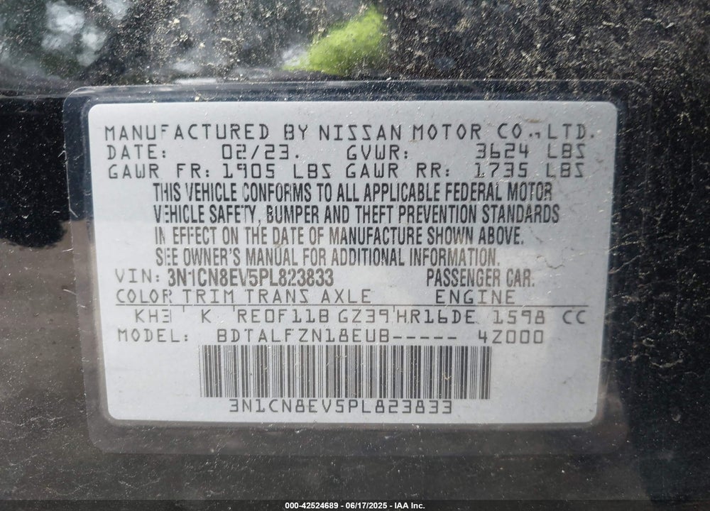 2023 NISSAN VERSA VIN: 3N1CN8EV5PL823833