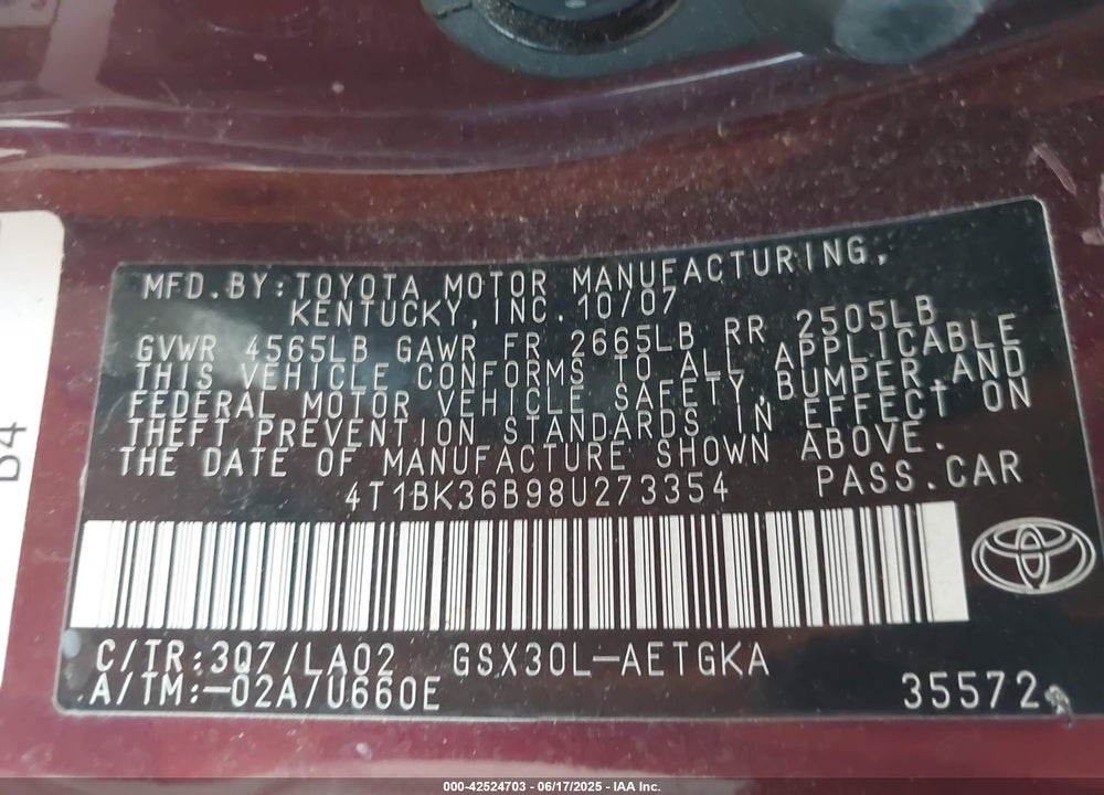 2008 TOYOTA AVALON XLS VIN: 4T1BK36B98U273354