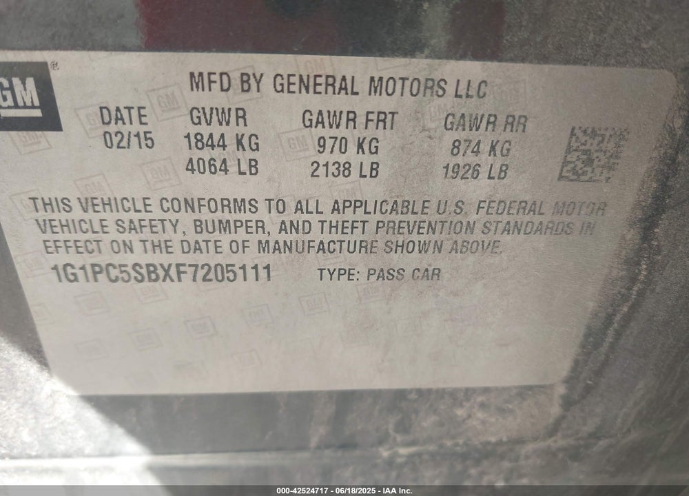 2015 CHEVROLET CRUZE 1LT AUTO VIN: 1G1PC5SBXF7205111