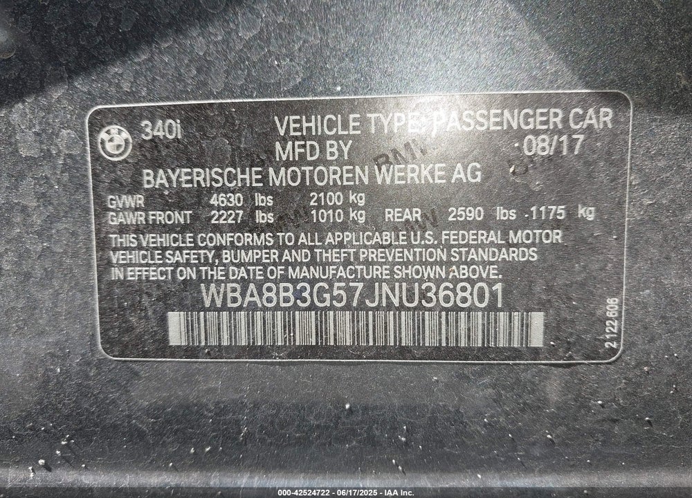 2018 BMW 3 SERIES VIN: WBA8B3G57JNU36801