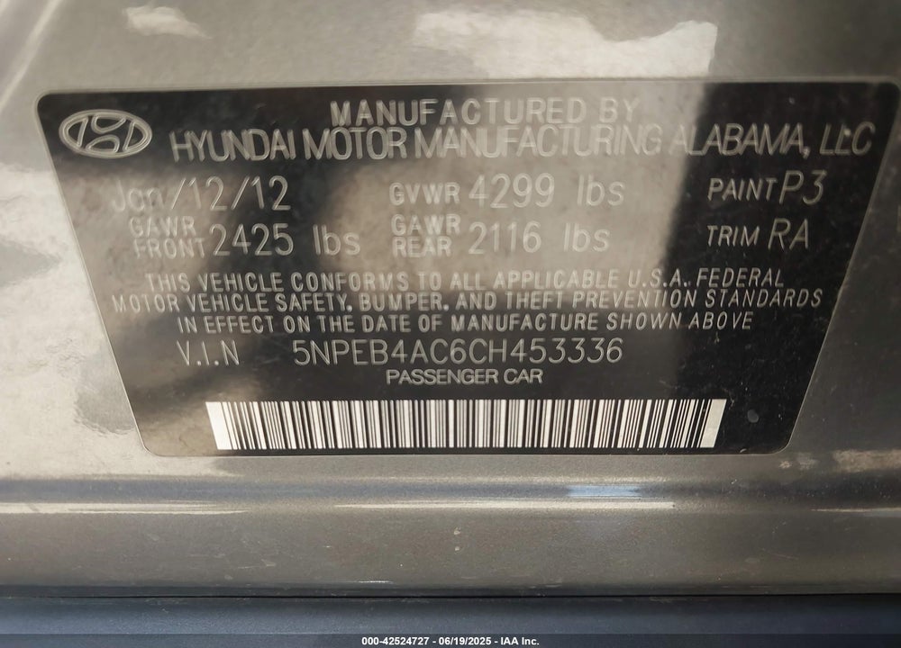 2012 HYUNDAI SONATA GLS VIN: 5NPEB4AC6CH453336