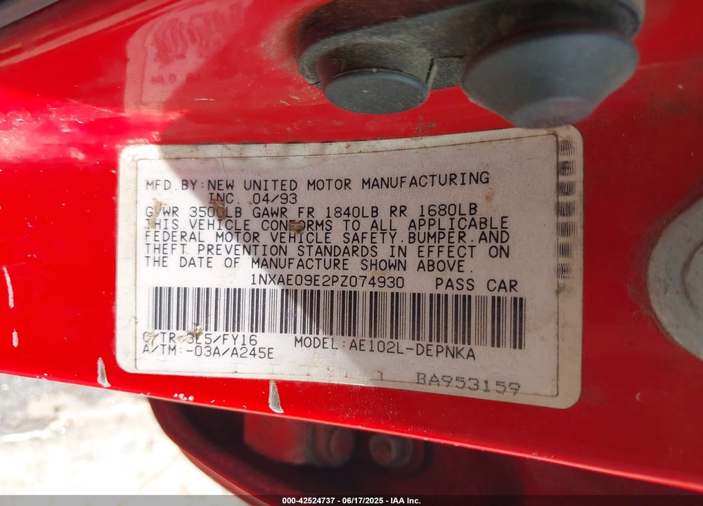1993 TOYOTA COROLLA LE/DX VIN: 1NXAE09E2PZ074930