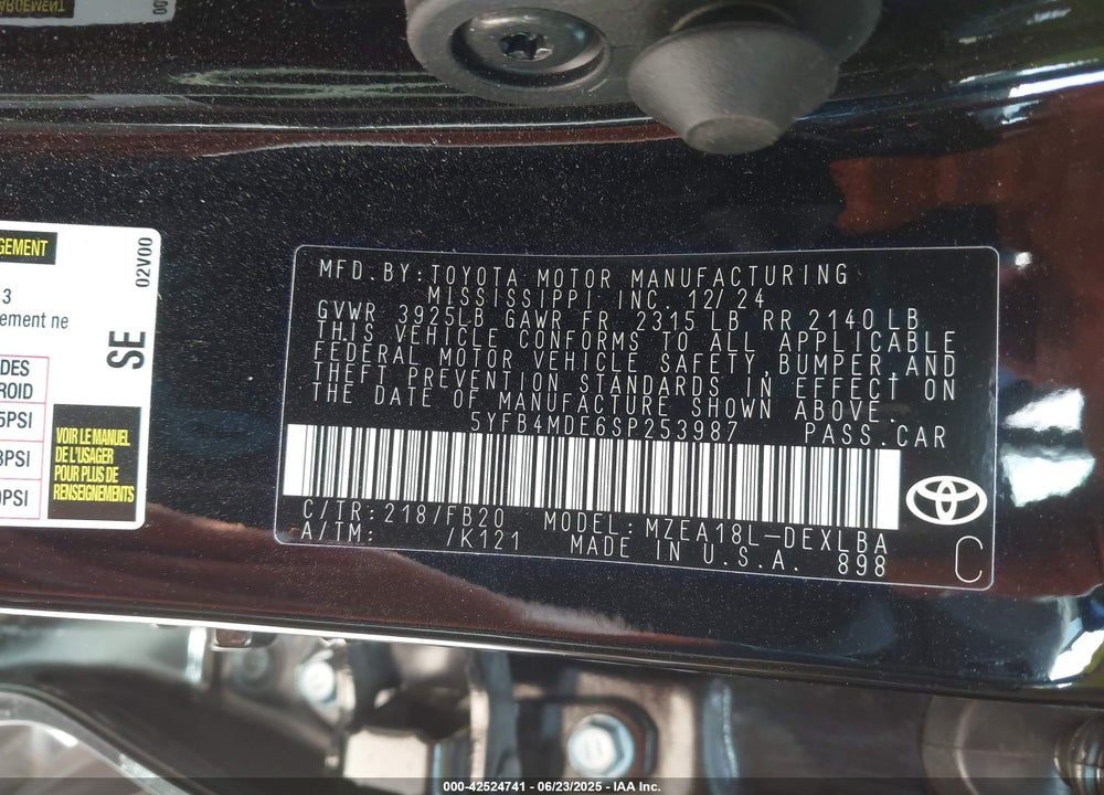 2025 TOYOTA COROLLA VIN: 5YFB4MDE6SP253987