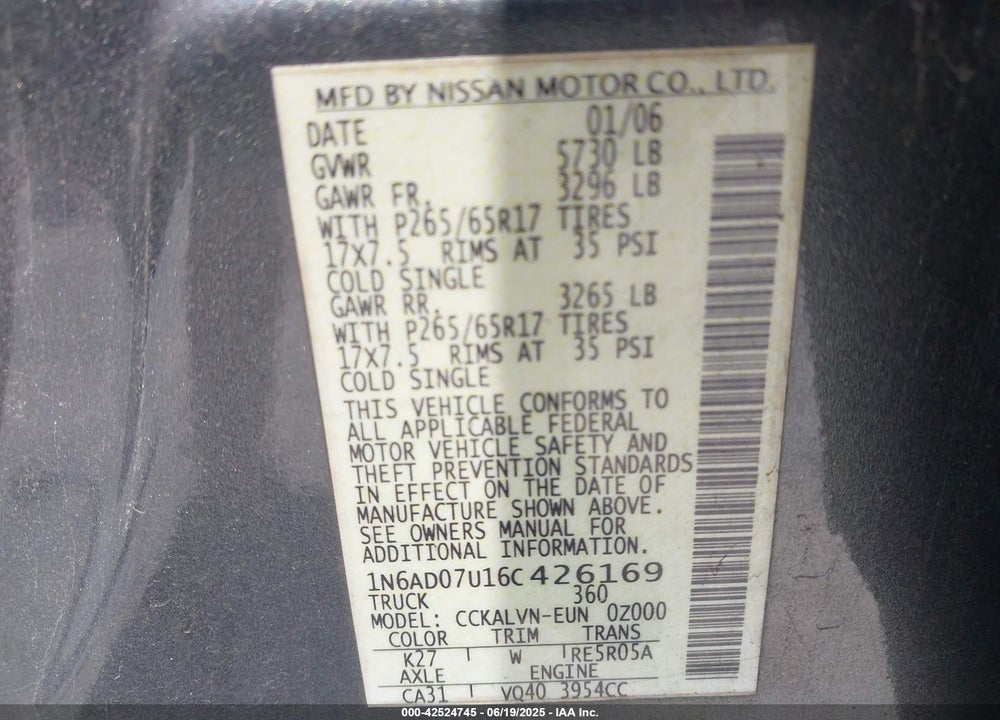 2006 NISSAN FRONTIER VIN: 1N6AD07U16C426169