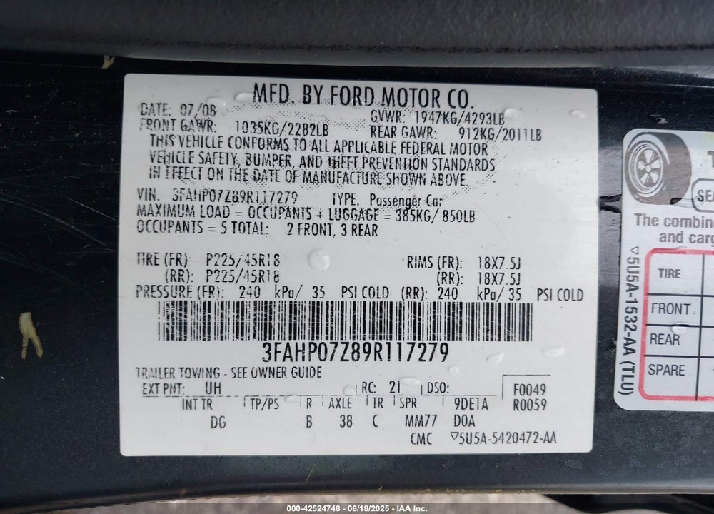 2009 FORD FUSION SE VIN: 3FAHP07Z89R117279