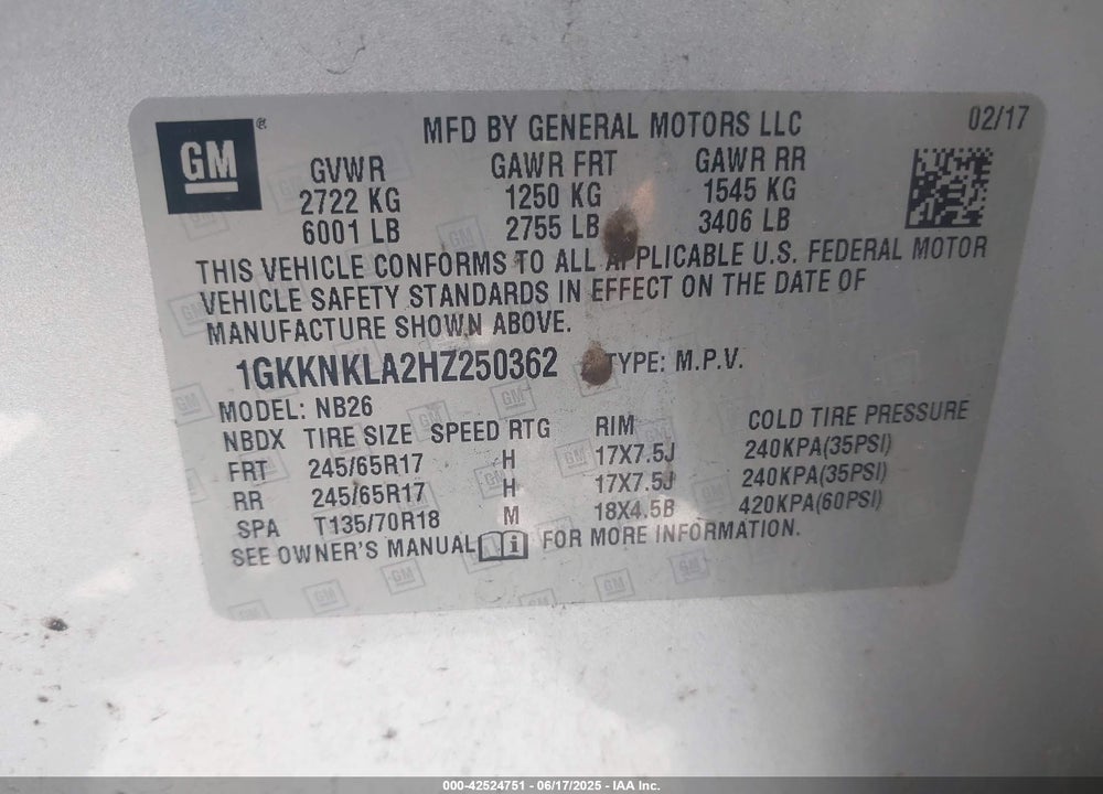 2017 GMC ACADIA VIN: 1GKKNKLA2HZ250362