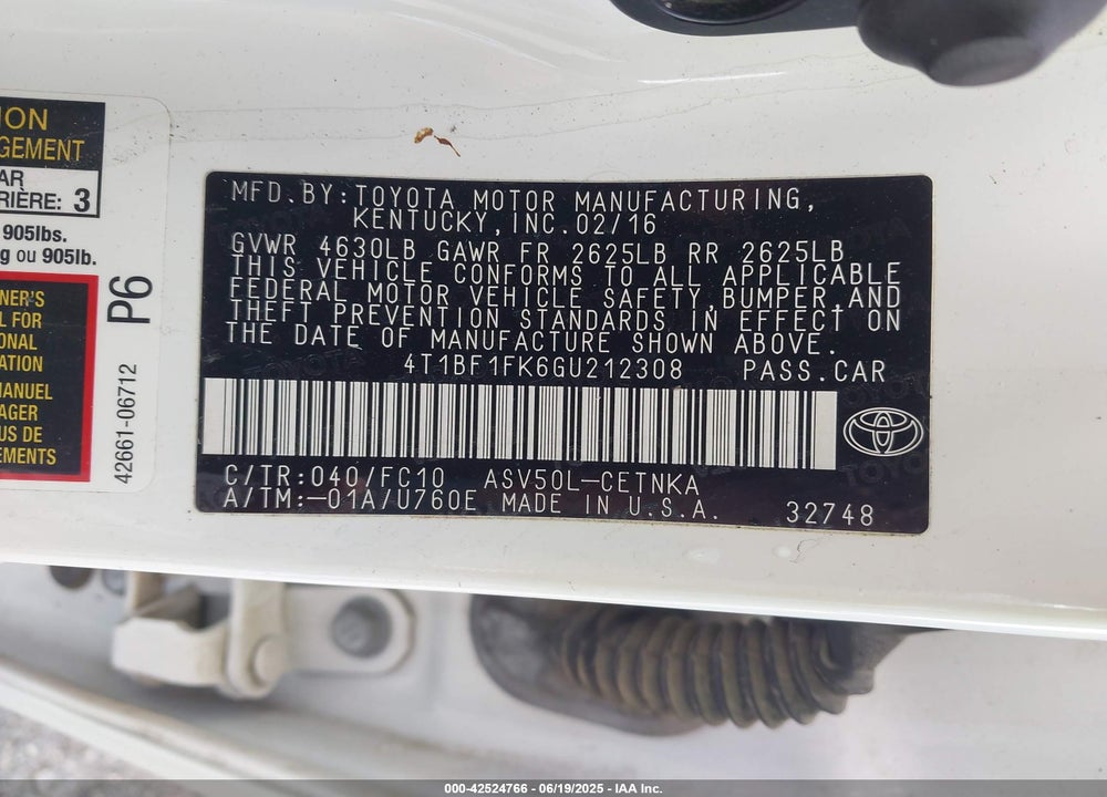 2016 TOYOTA CAMRY VIN: 4T1BF1FK6GU212308
